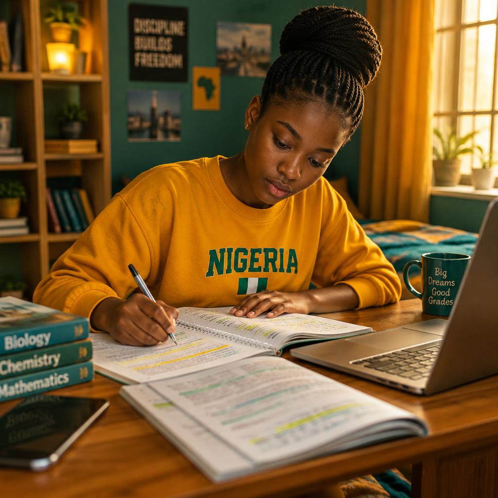 Student studying with notes and a laptop